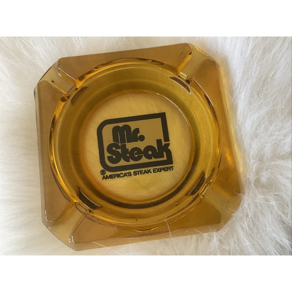 70s 80s Vintage Mr. Steak Restaurant Ashtray Amber Glass 3.5" Retro MCM Modern